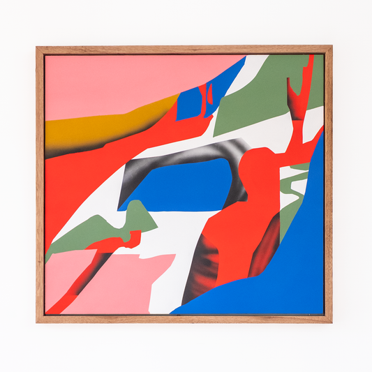 Abstract art piece with colorful shapes in a wooden frame on a white background